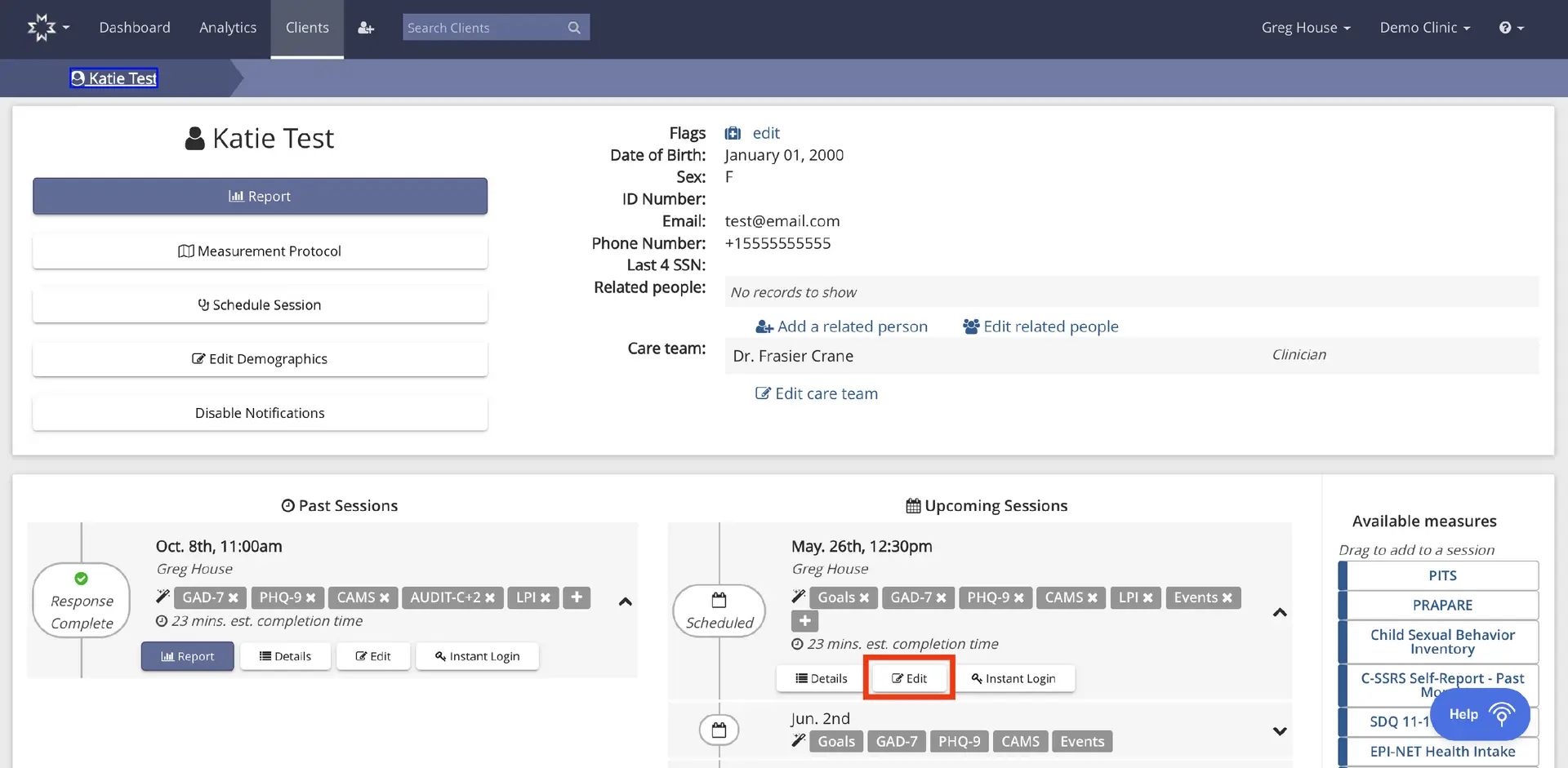 Mirah Measurement-Based Care client profile page for Katie Test showing session details and available measures.
