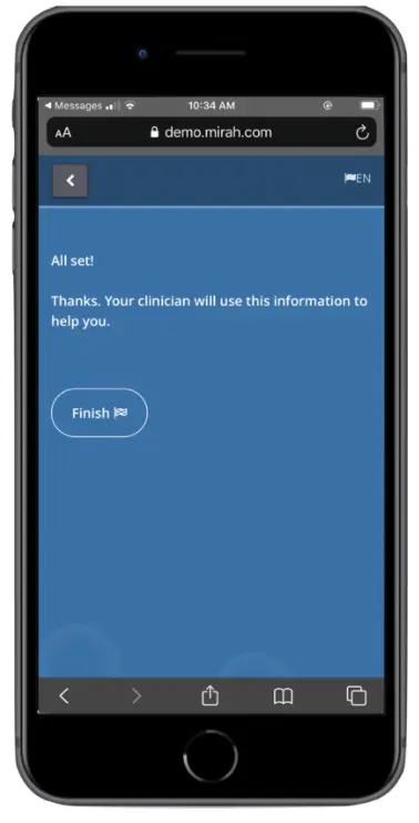 Mirah Measurement-Based Care patient confirmation screen on demo.mirah.com