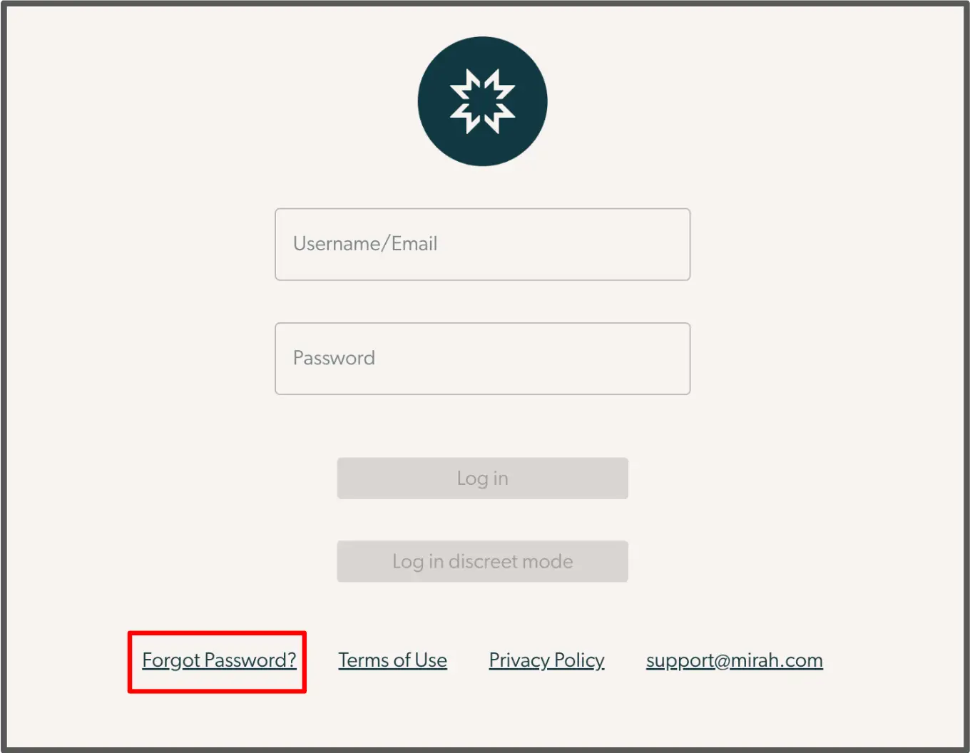 Mirah Measurement-Based Care login page with Username/Email and Password fields.