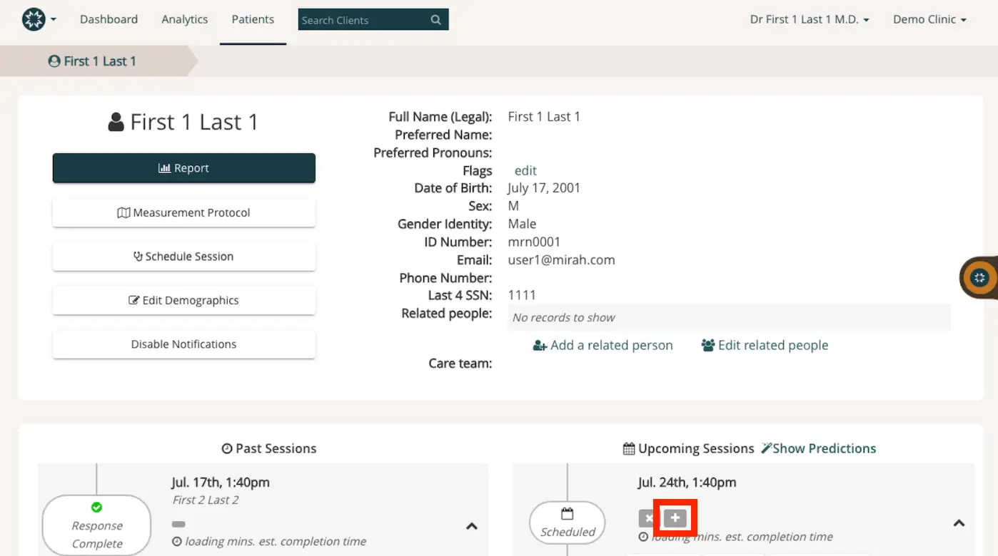 Mirah Measurement-Based Care patient profile page for First 1 Last 1 with options to add measures to upcoming sessions.