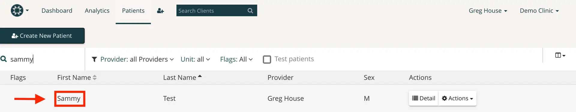 Mirah Measurement-Based Care Patients section showing search results for patient Sammy.