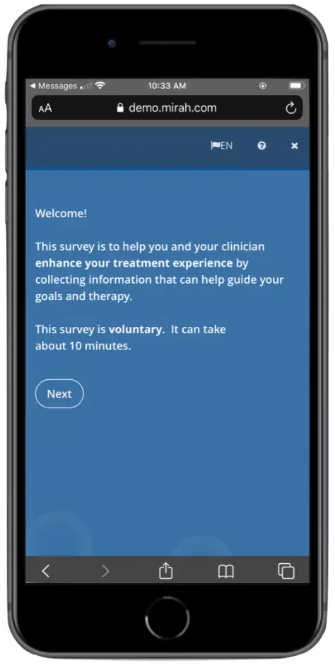 Mirah Measurement-Based Care survey welcome screen
