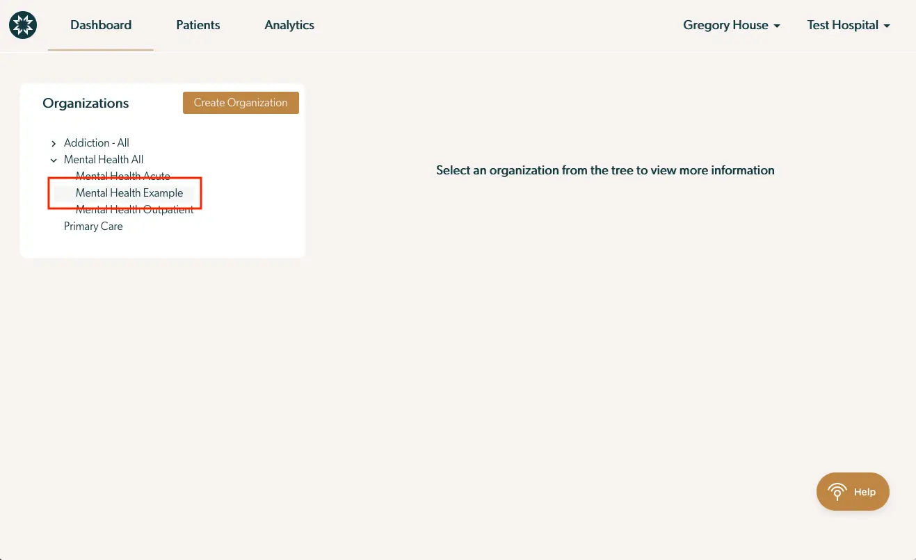 Mirah Measurement-Based Care platform - Organizations section with Mental Health Example selected