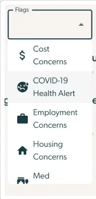 Mirah Measurement-Based Care Schedule View Flags dropdown menu showing patient concern options.