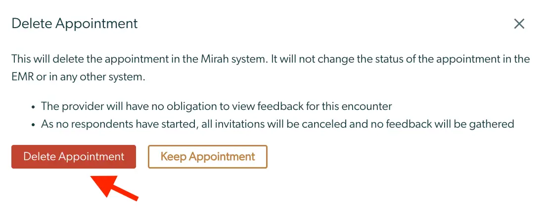 Mirah Measurement-Based Care Delete Appointment confirmation dialog