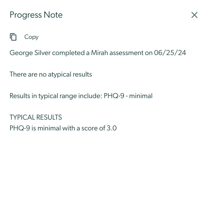Mirah Measurement-Based Care Enhanced Feedback Report Progress Note