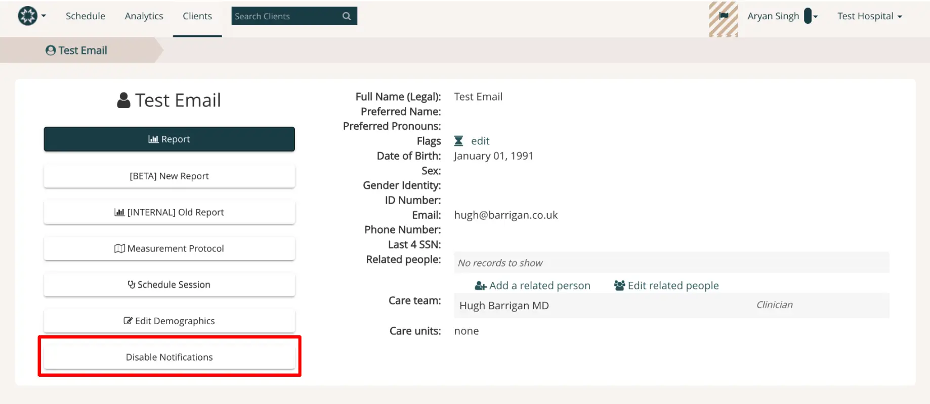 Mirah Measurement-Based Care Test Email page under Clients section showing patient details and options to manage notifications.