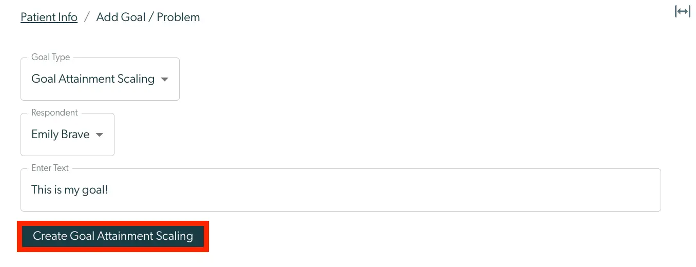 Patient Info Add Goal Problem page in Mirah Measurement-Based Care platform showing Goal Attainment Scaling setup.