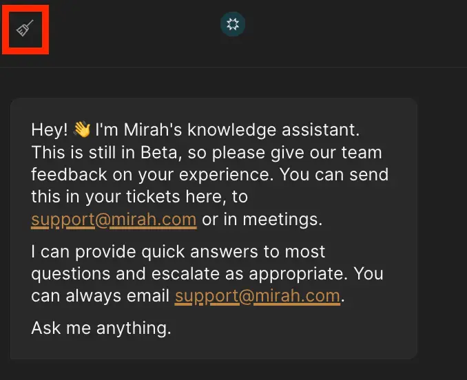 Mirah knowledge assistant message screen with feedback request and contact information.