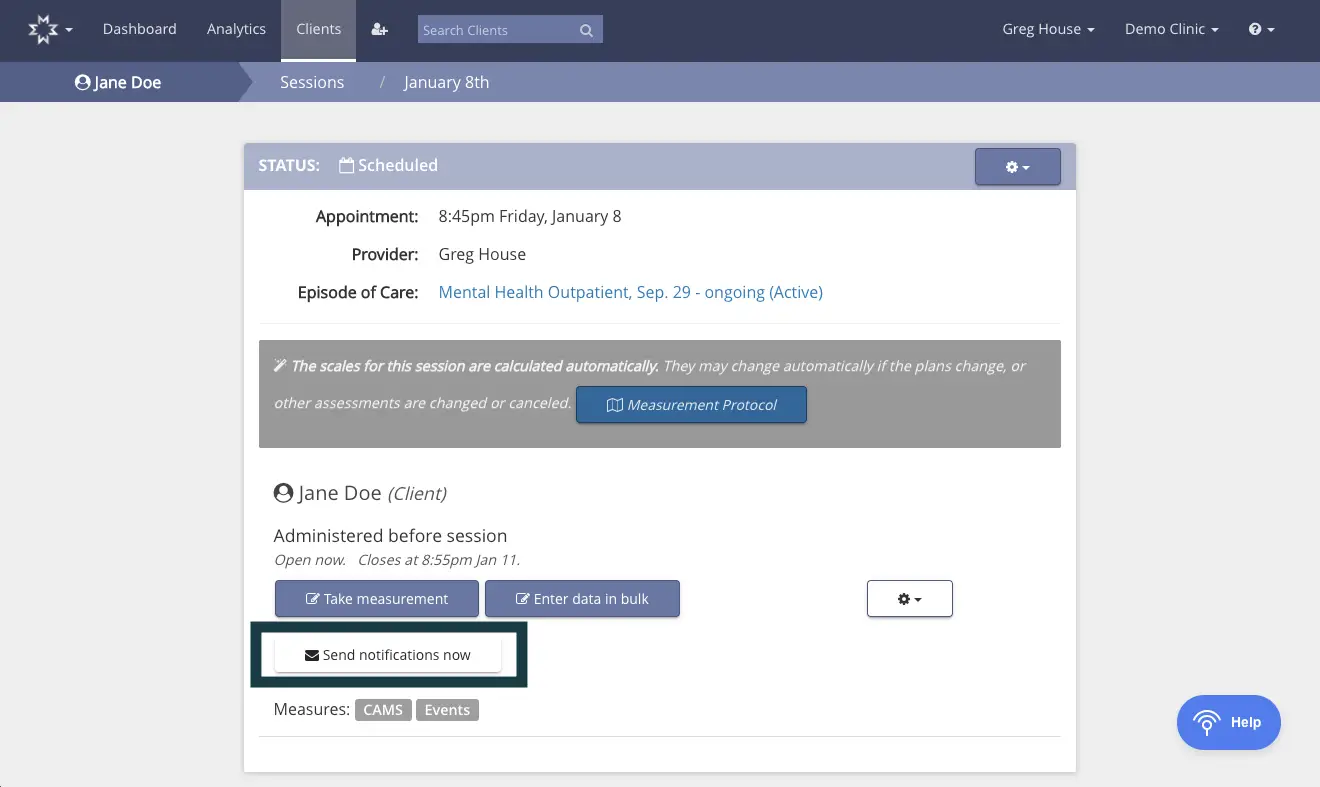 Mirah Measurement-Based Care - Resending Measures to Patients - Jane Doe Session Details for January 8th