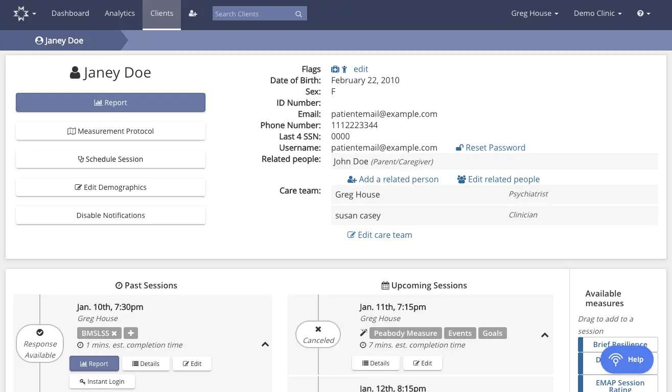 Mirah Measurement-Based Care client profile page for Janey Doe showing past and upcoming sessions, personal details, and available measures.