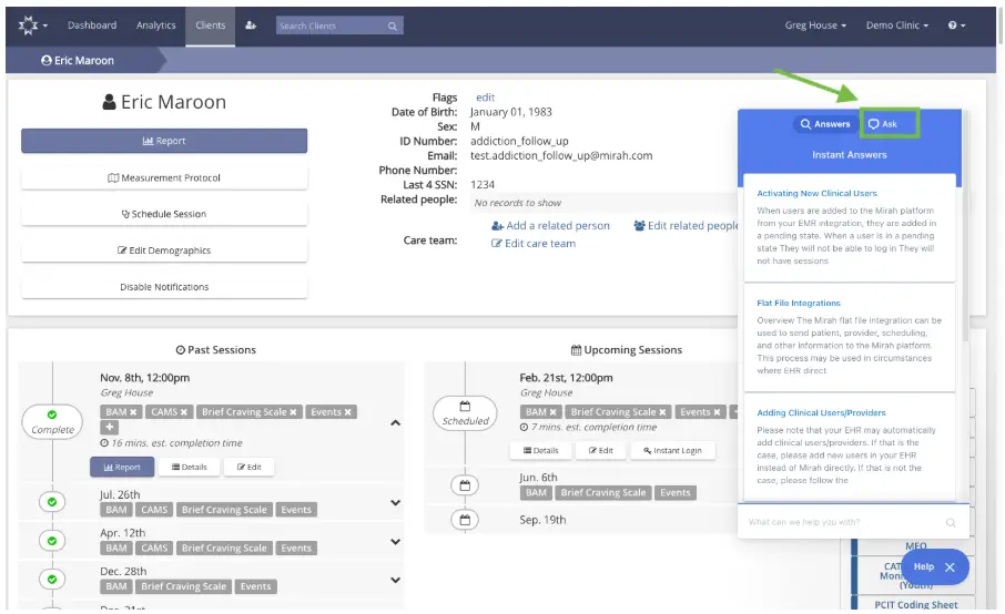 Mirah Measurement-Based Care client profile page for Eric Maroon with Help Beacon open, showing instant answers and search bar.