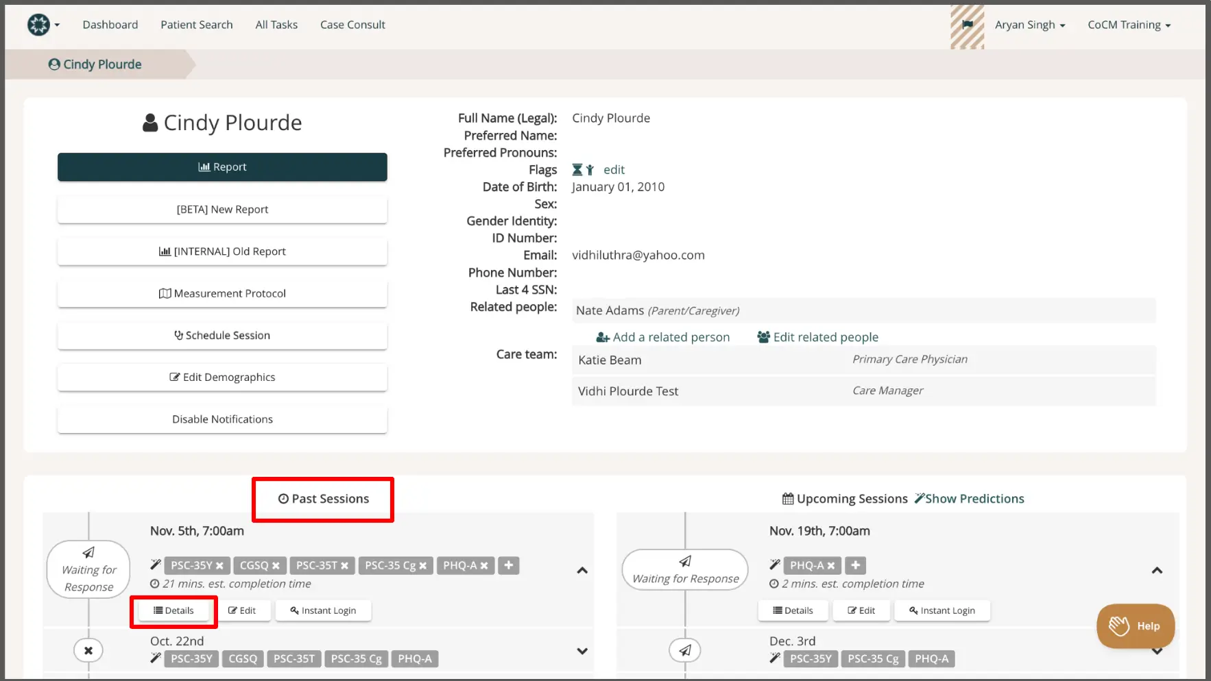 Mirah Measurement-Based Care Cindy Plourde profile page showing past and upcoming session details.