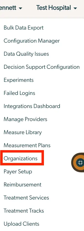 Mirah Measurement-Based Care platform dropdown menu under Test Hospital with Organizations option highlighted.