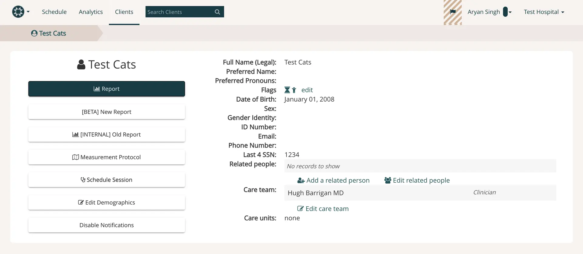 Mirah Measurement-Based Care client profile page for Test Cats