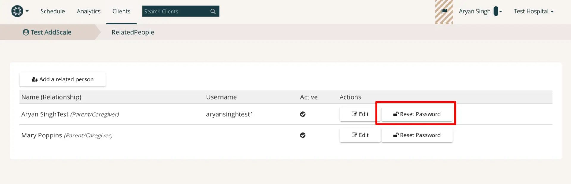 Mirah Measurement-Based Care - Clients - Related People section showing options to reset password for related persons.