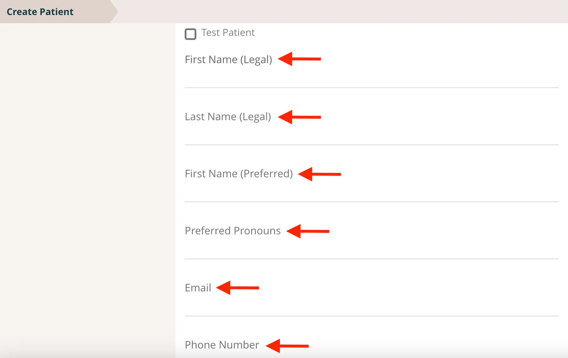 Create Patient screen in Mirah Measurement-Based Care system showing fields for legal and preferred names, pronouns, email, and phone number.