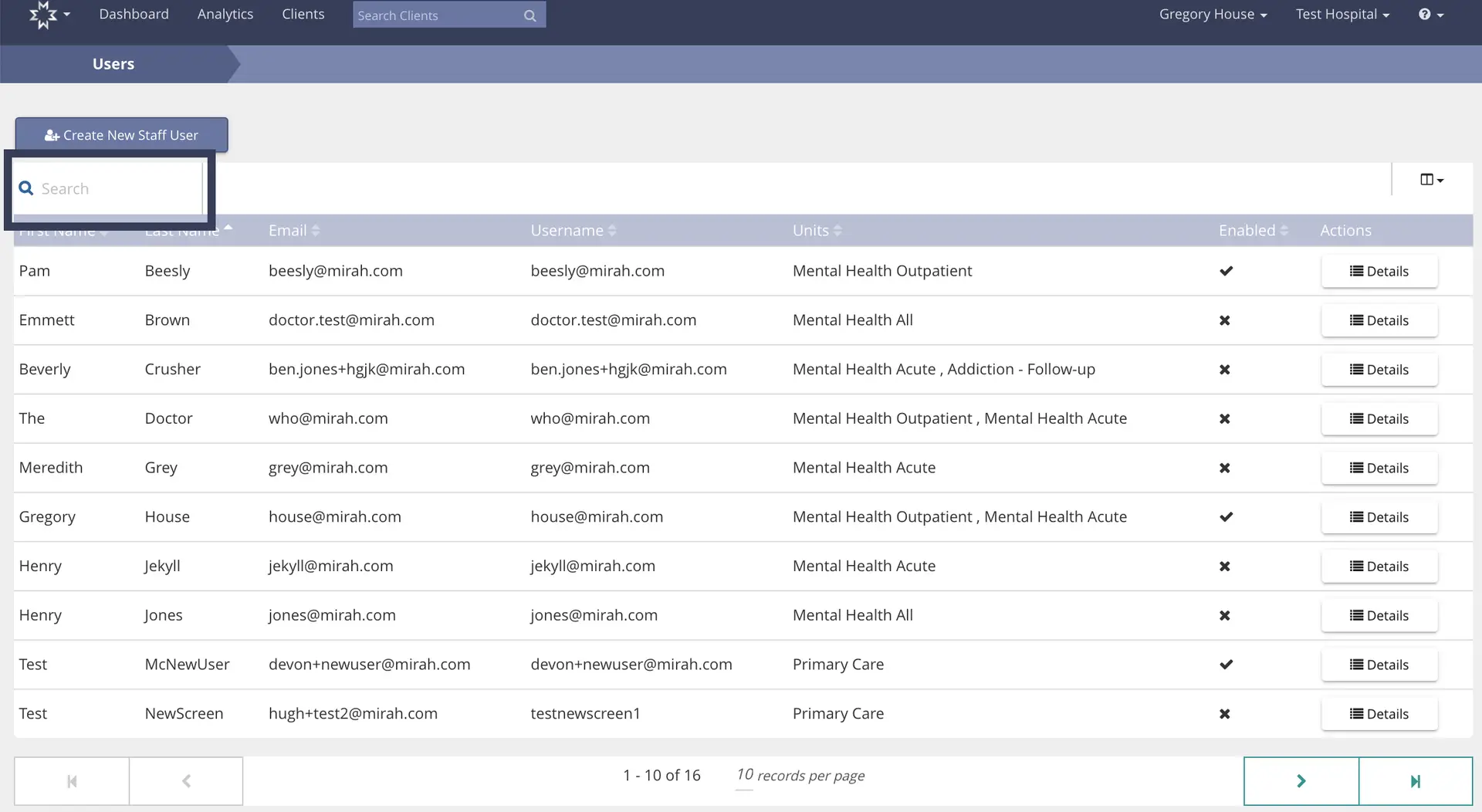 Mirah Measurement-Based Care Users page showing user details and management options.