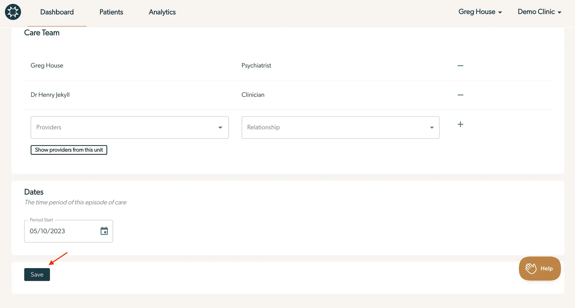 Mirah Measurement-Based Care interface for updating care team and episode dates