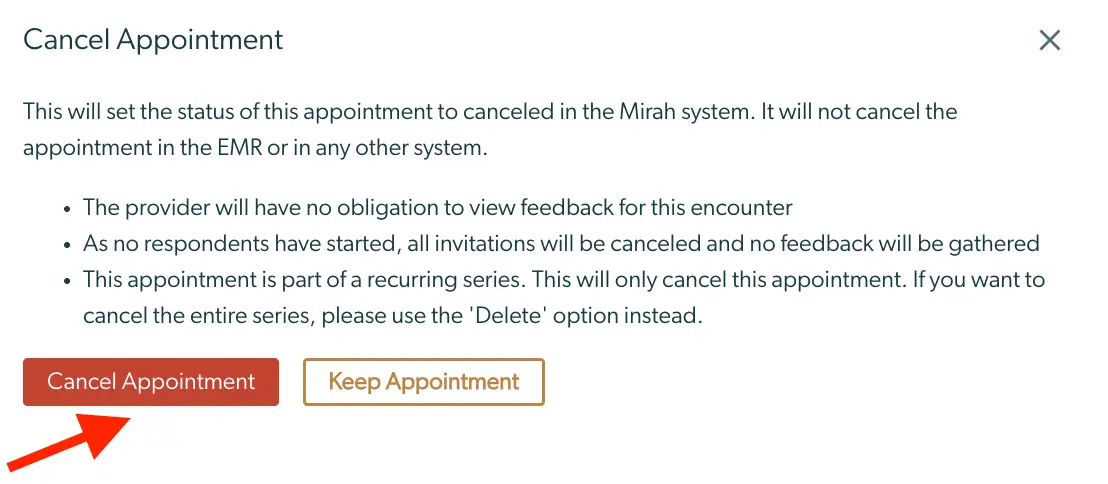 Cancel Appointment dialog in Mirah system for Measurement-Based Care feature.