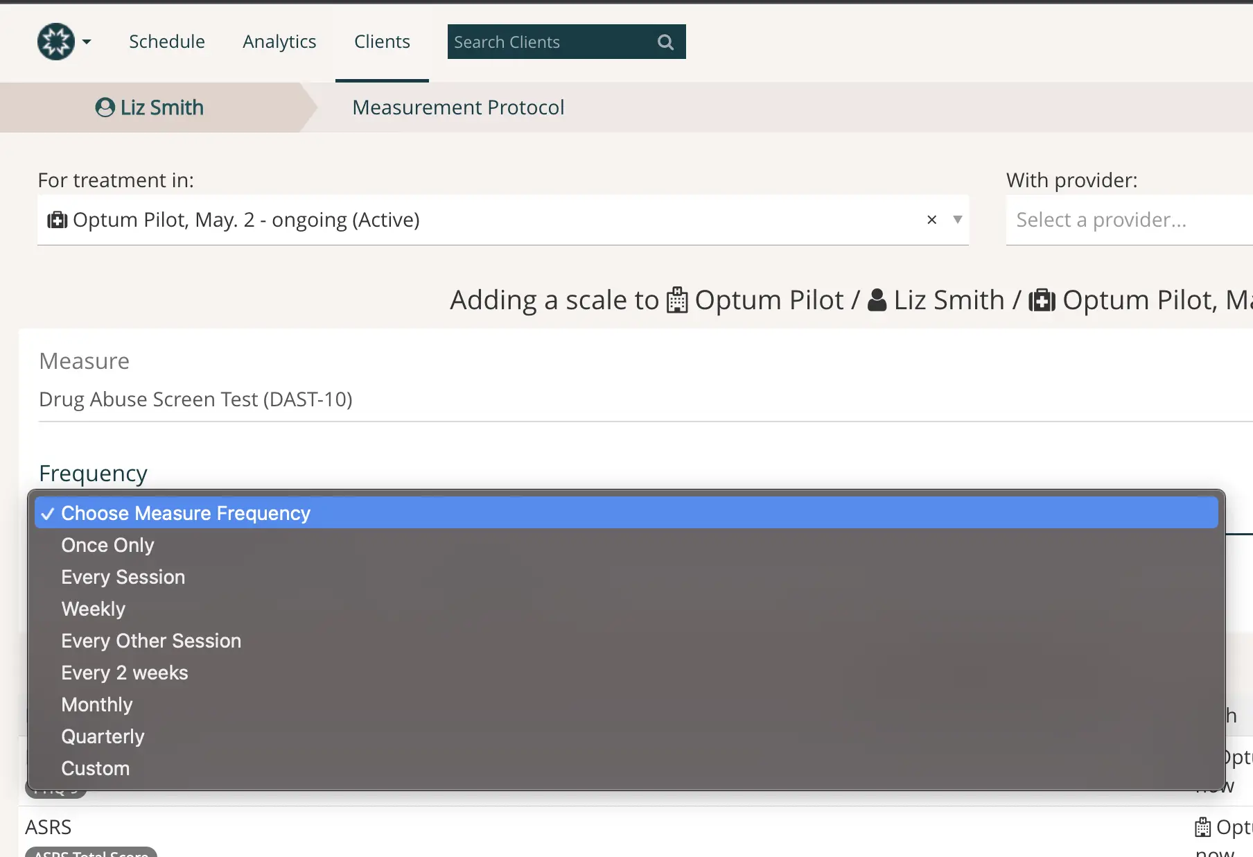 Measurement Protocol page for Liz Smith in Optum Pilot, showing frequency selection for Drug Abuse Screen Test.