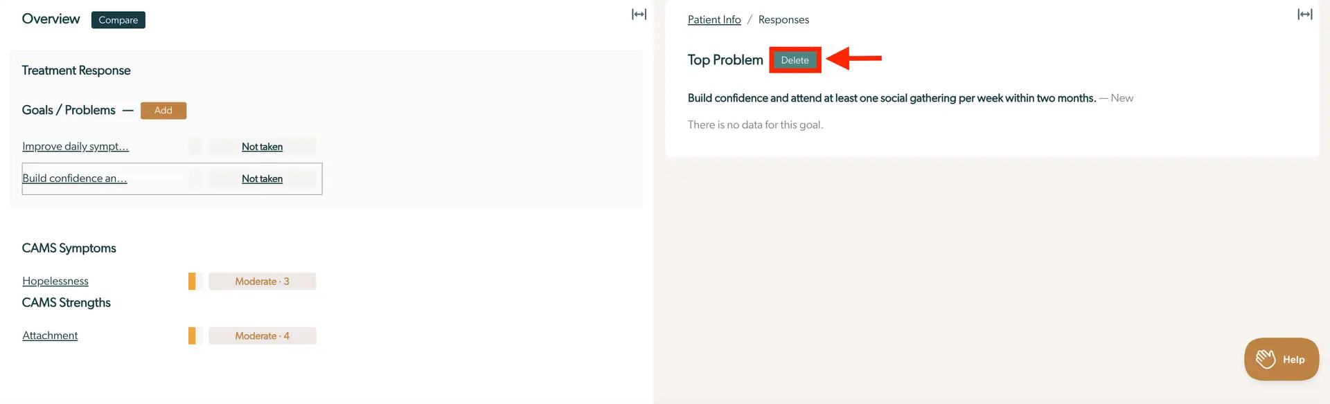 Mirah Measurement-Based Care interface showing Goals/Top Problems feature under Patient Info / Responses.