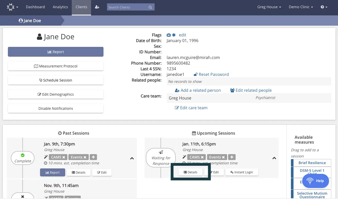 Mirah Measurement-Based Care client profile page for Jane Doe showing personal information, session details, and available measures.