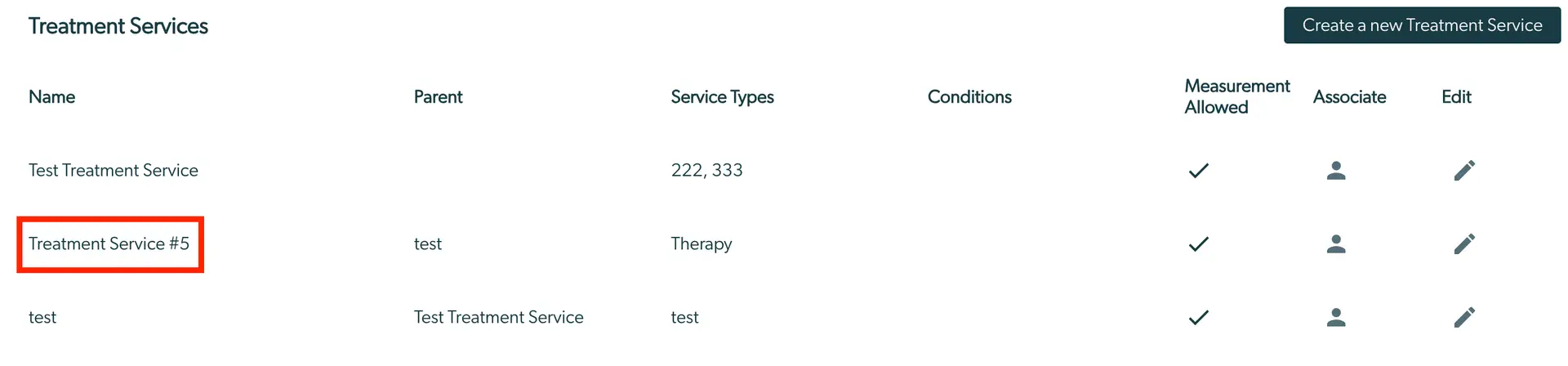 Mirah Measurement-Based Care Treatment Services page showing a list of services with options to create, associate, and edit.
