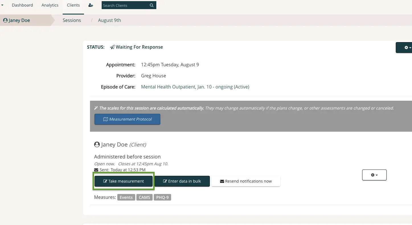 Mirah Measurement-Based Care - Janey Doe Session Details for August 9th