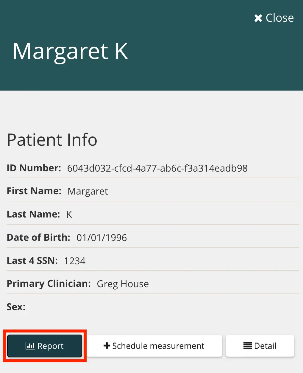 Mirah Measurement-Based Care patient information screen for Margaret K