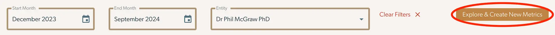 Mirah Measurement-Based Care Outcomes Framework Create a Metric screen showing date range and entity selection with options to clear filters and explore and create new metrics.
