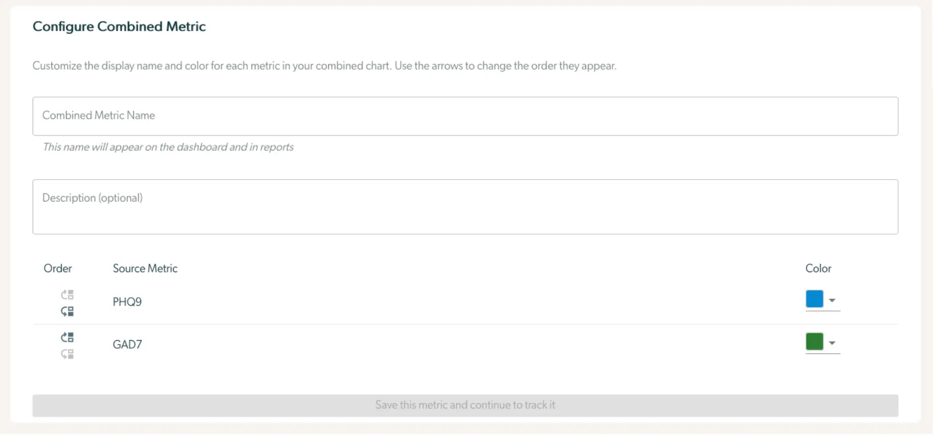 Mirah Measurement-Based Care - Configure Combined Metric screen for creating a new metric.