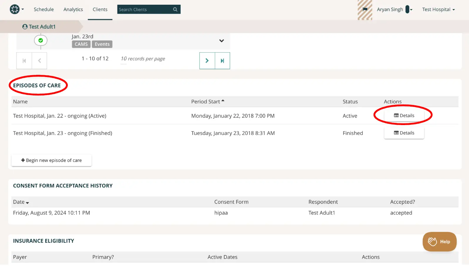 Mirah Measurement-Based Care platform, Clients tab, Episodes of Care section for Test Adult1