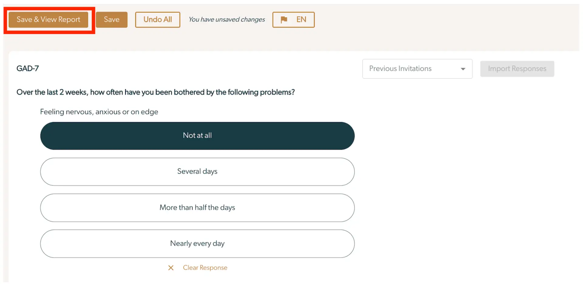 Mirah Measurement-Based Care GAD-7 measure completion screen with options to save, undo, and manage responses.