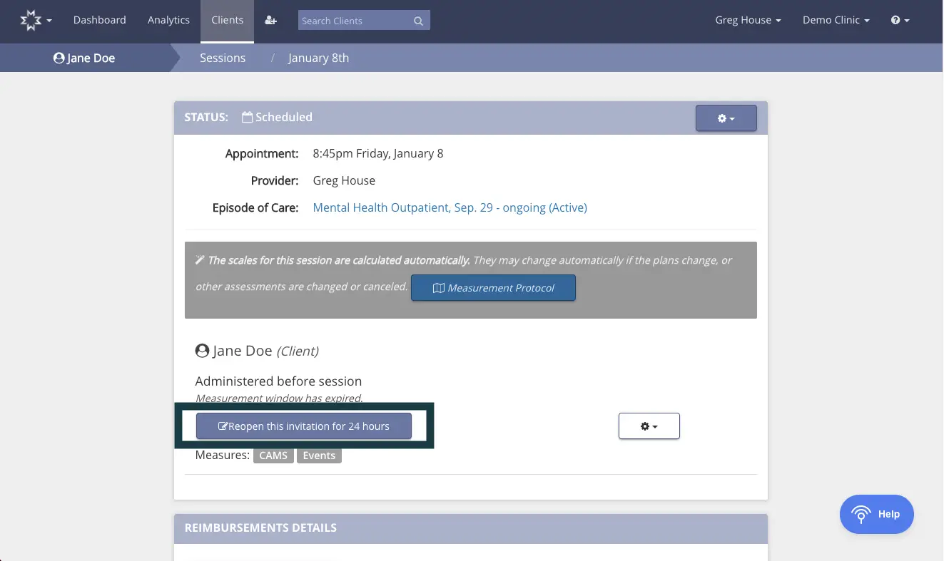 Mirah Measurement-Based Care - Client Session Details for Jane Doe on January 8th