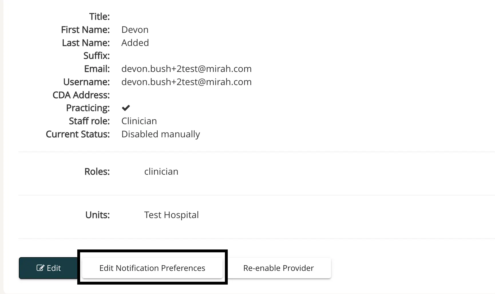 Mirah Measurement-Based Care user profile for Devon Added with options to edit notification preferences and re-enable provider.