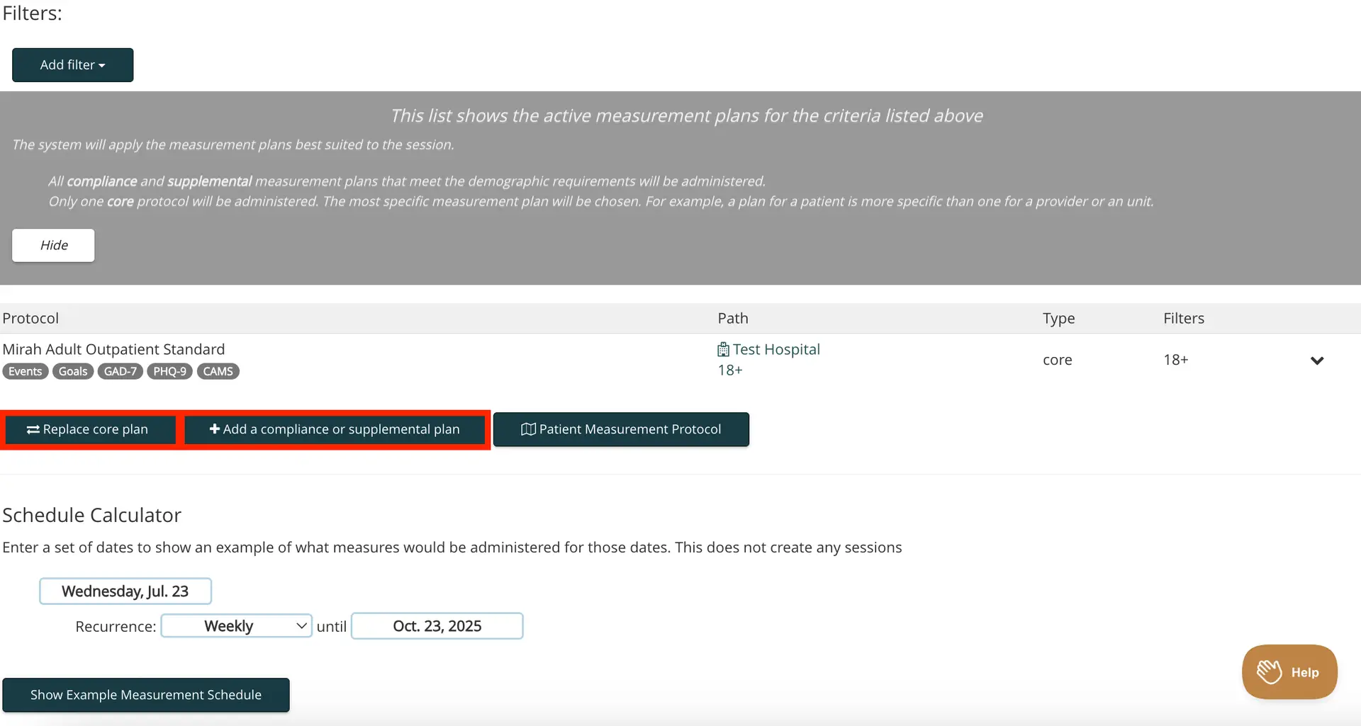 Mirah Measurement-Based Care - Measurement Protocol Tool interface with filters, protocol details, and schedule calculator.