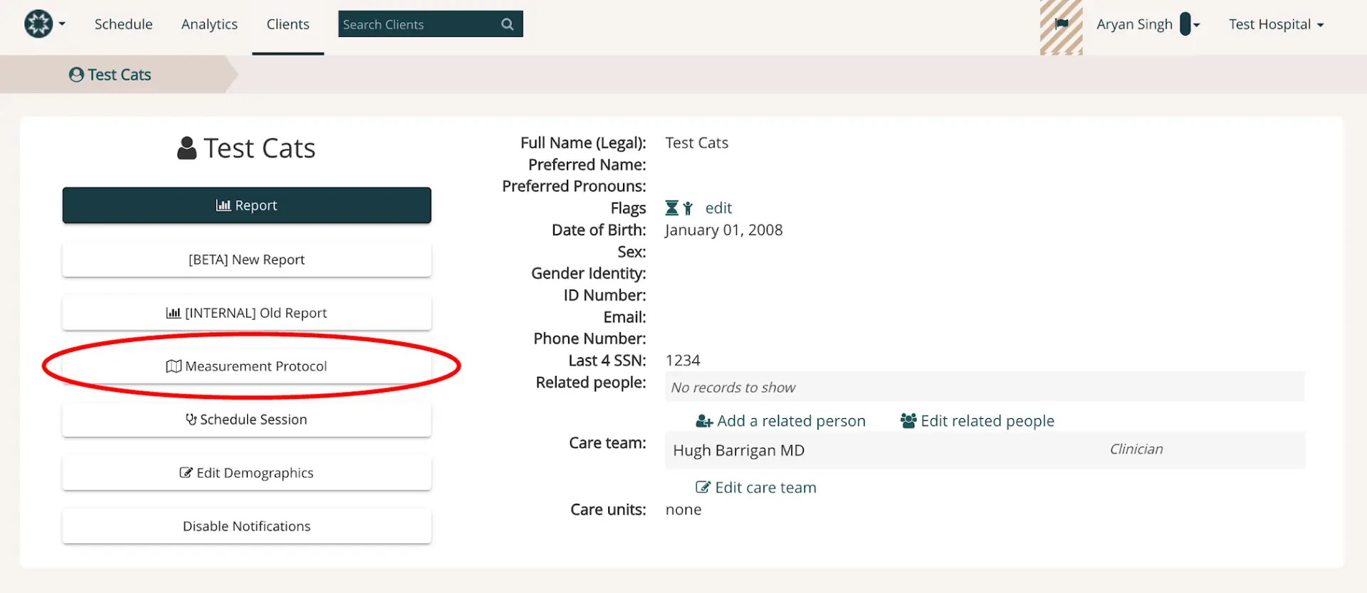 Mirah Measurement-Based Care client profile page for Test Cats, highlighting the Measurement Protocol button.