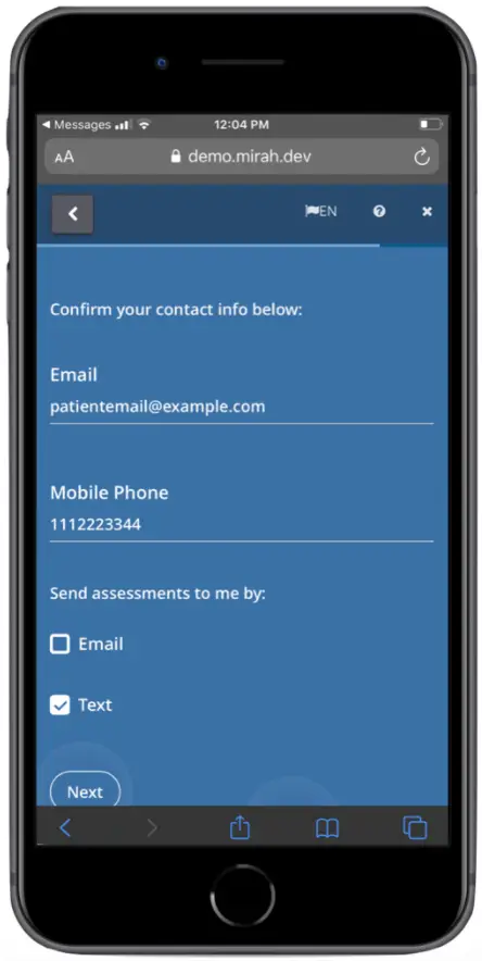 Mirah Measurement-Based Care - Confirm Contact Info Screen