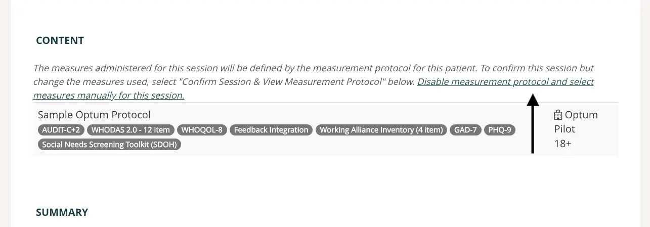 Mirah Measurement-Based Care - Creating a Manual Session for a Patient - Content Section with Sample Optum Protocol