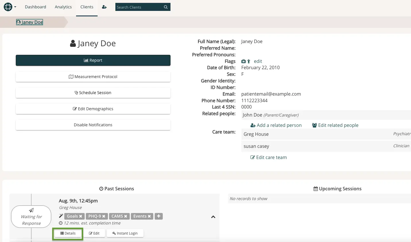 Mirah Measurement-Based Care client profile page for Janey Doe showing personal information, care team, session details, and navigation options.