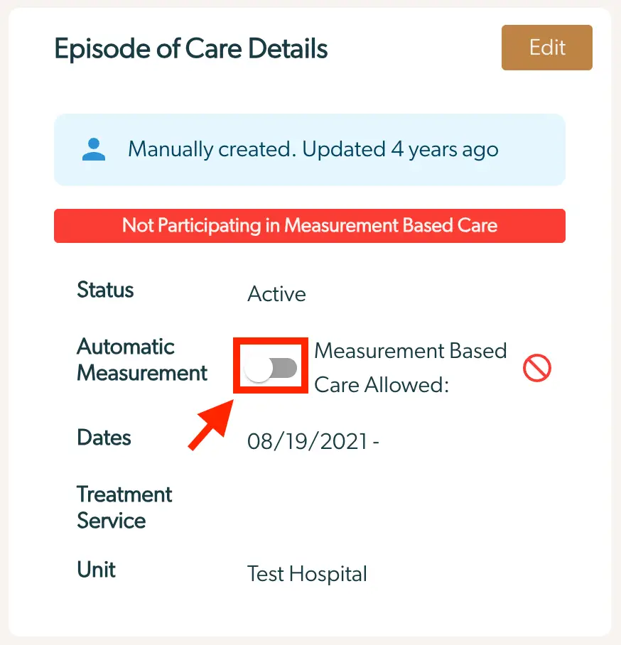 Mirah Measurement-Based Care Episode of Care Details screen showing status, automatic measurement toggle, and unit information.