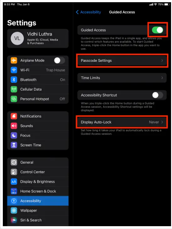 iPad Settings showing Accessibility and Guided Access configuration