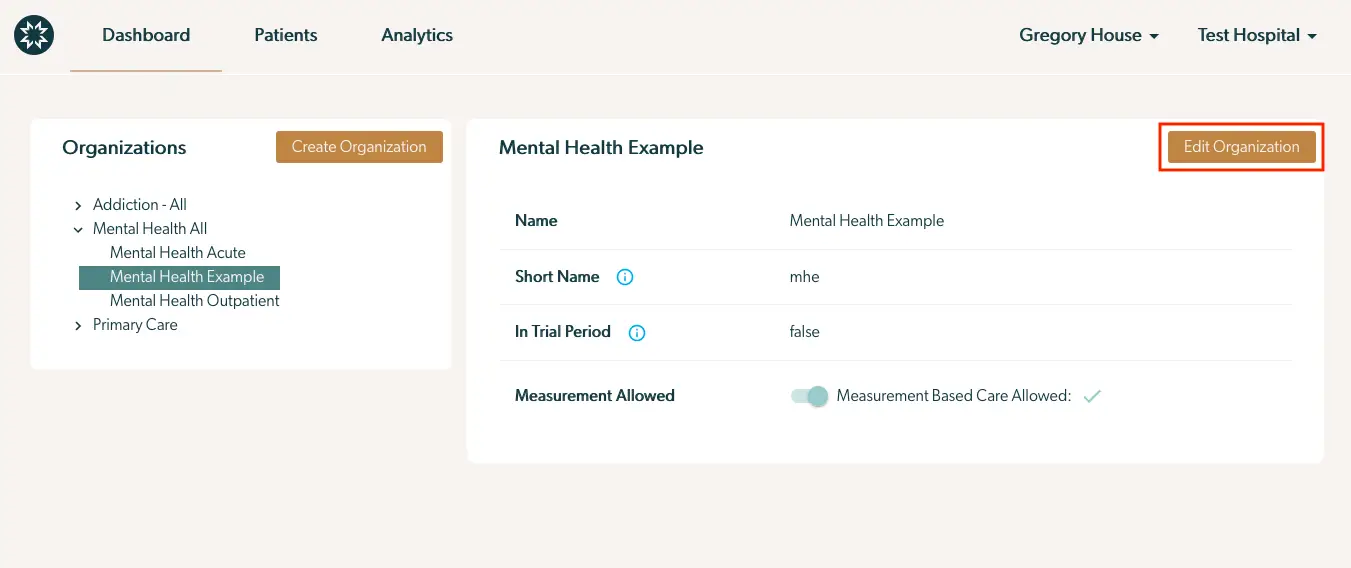 Mirah Measurement-Based Care platform showing organization management screen with Mental Health Example selected and Edit Organization button visible.