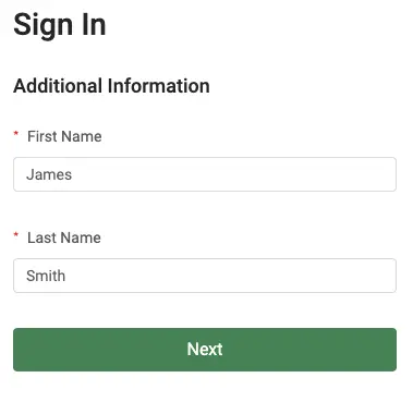 Mirah Measurement-Based Care Sign In Additional Information page with fields for First Name and Last Name.