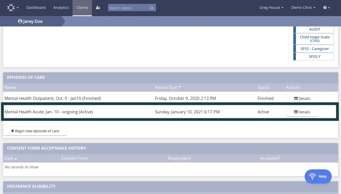 Mirah Measurement-Based Care platform showing Janey Doe's episodes of care, including Mental Health Outpatient and Mental Health Acute, with options to view details or begin a new episode of care.