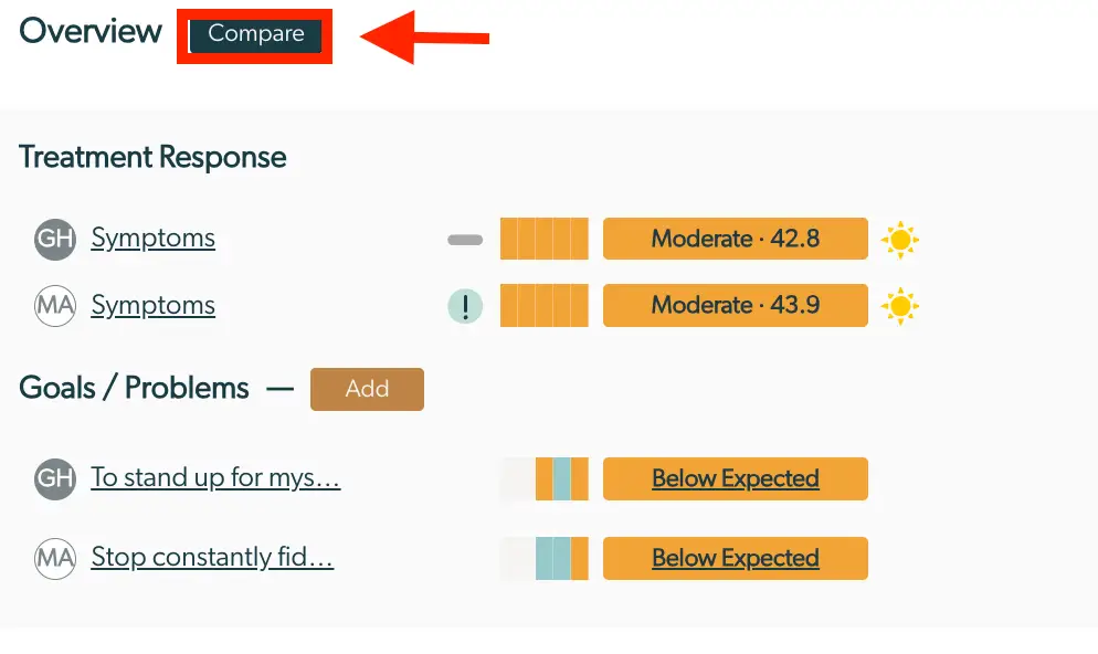 Mirah Enhanced Feedback Report Overview with Compare button, Treatment Response and Goals Problems sections