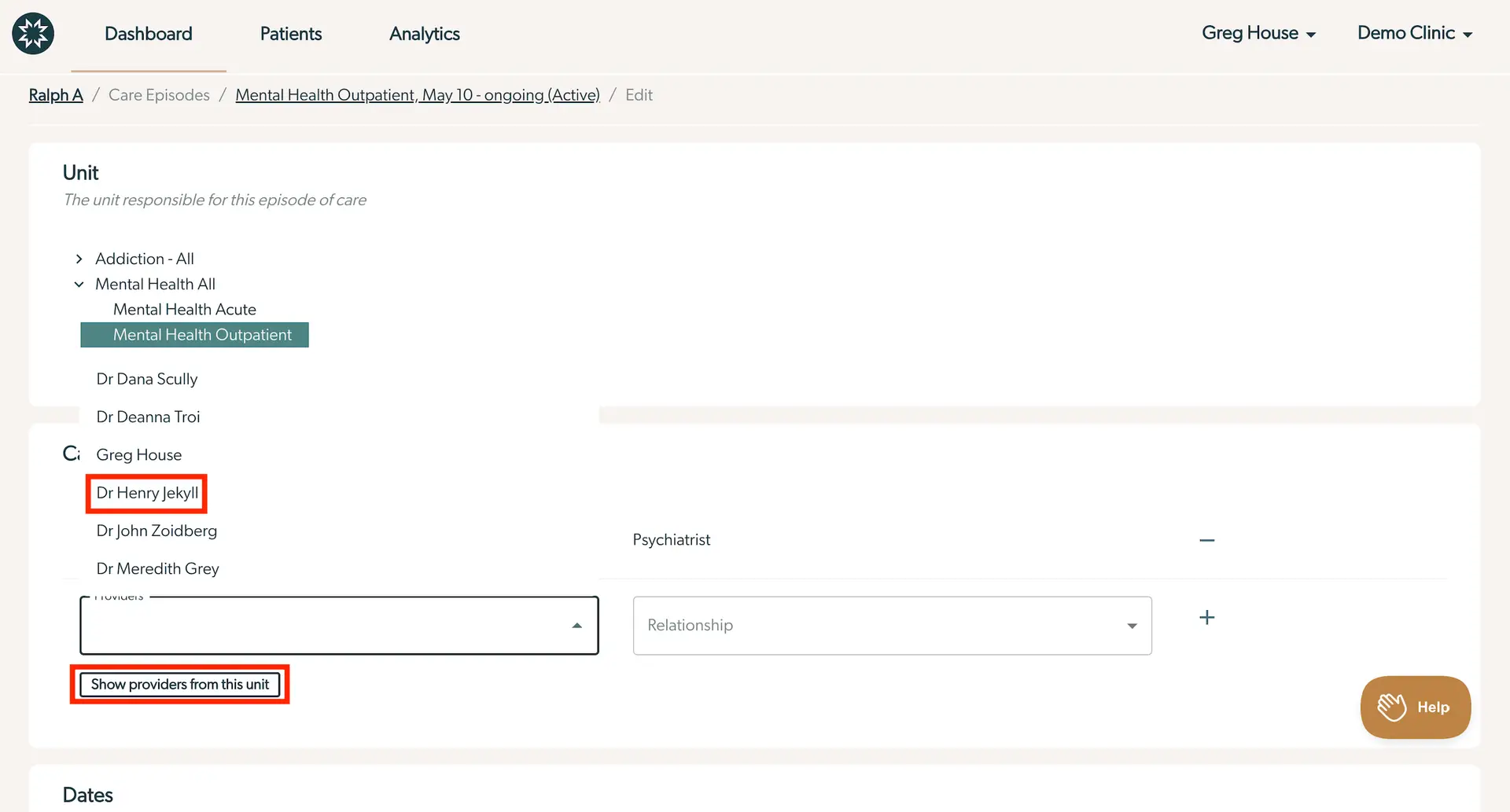 Mirah Measurement-Based Care interface for updating primary clinician, showing Mental Health Outpatient unit and list of clinicians including Dr. Henry Jekyll.