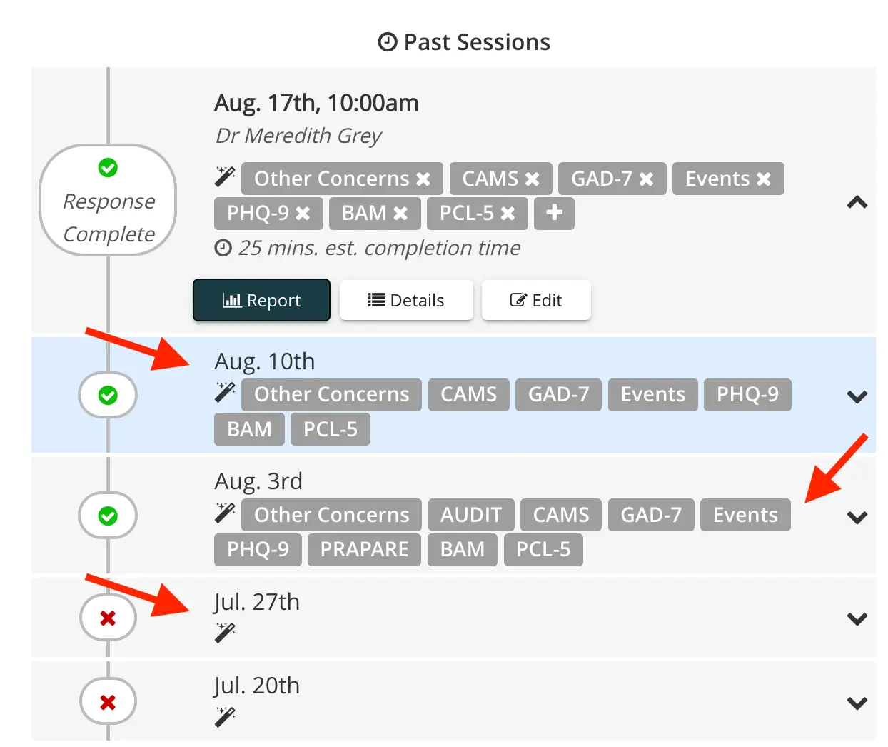 Mirah Measurement-Based Care Past Sessions screen showing session details with Dr. Meredith Grey, including assessment types and completion status.