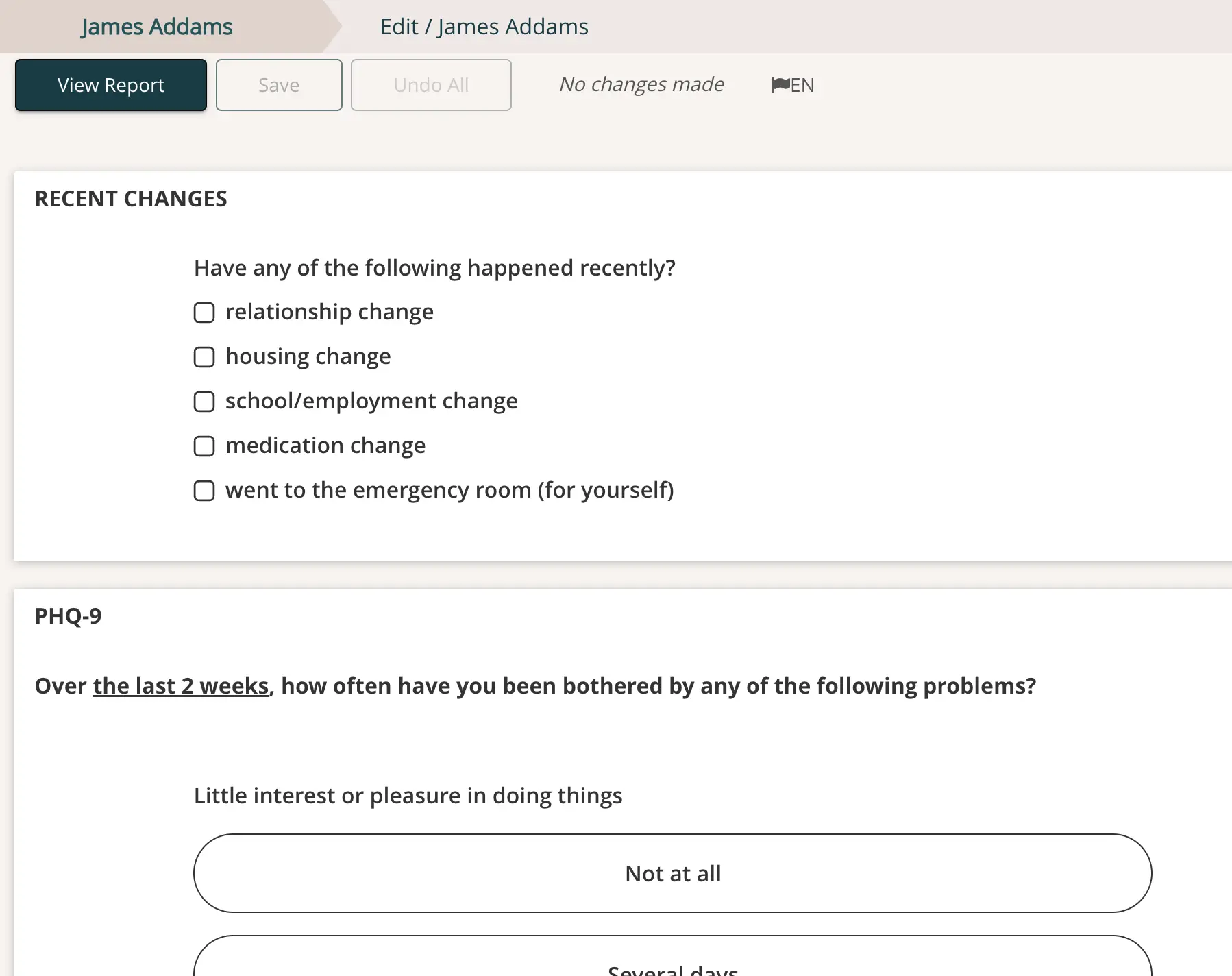 Breadcrumb navigation for editing James Addams' measure responses in Mirah Measurement-Based Care, showing recent changes and PHQ-9 sections.